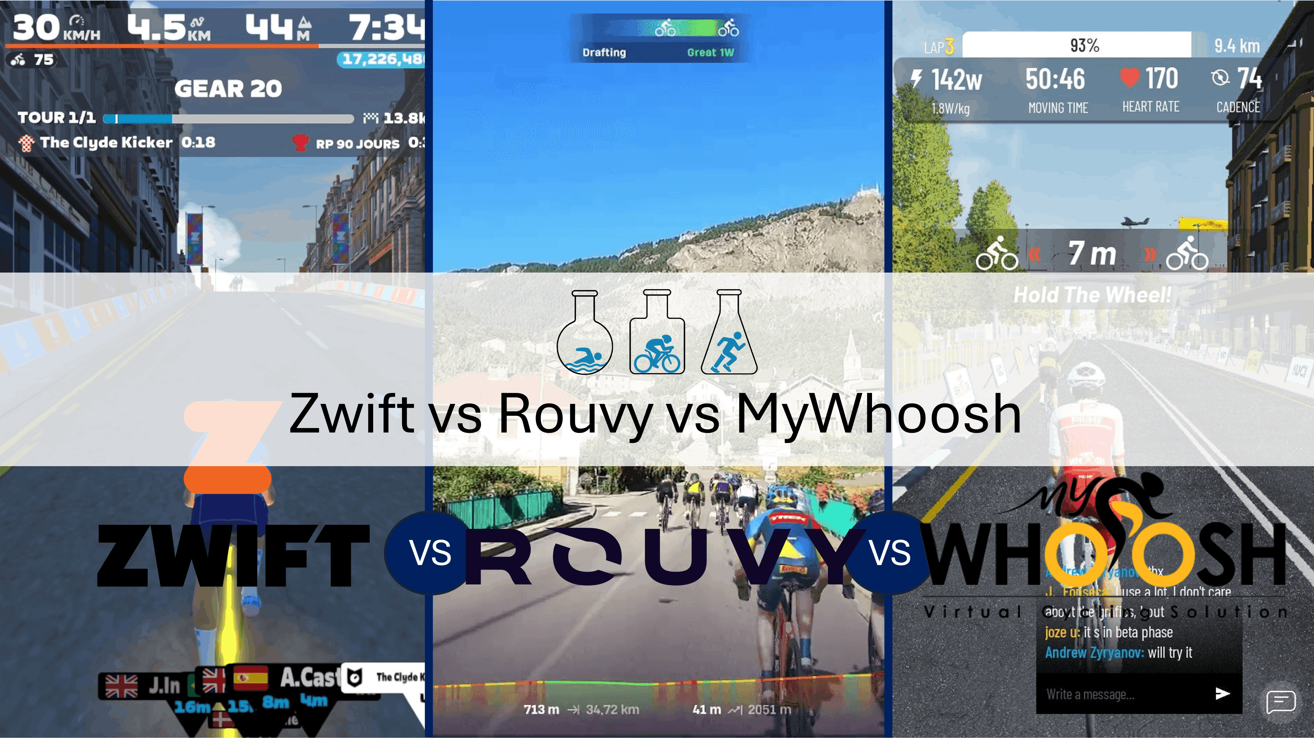 Article triathlon : Zwift vs Rouvy vs MyWhoosh : quel logiciel home trainer pour le triathlon ?